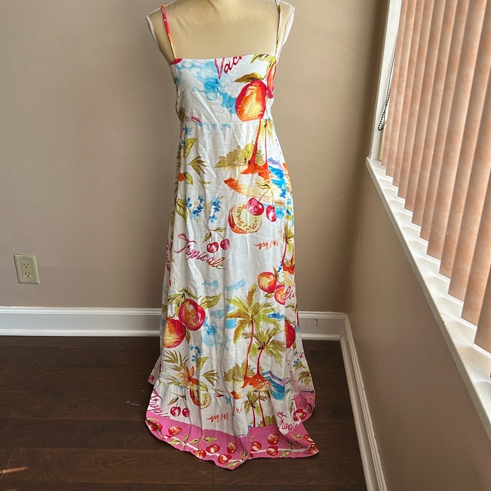 Label Of Love Leilani Dress New Sz L Linen Blend Smocking Tropical Fruits - Picture 1 of 5